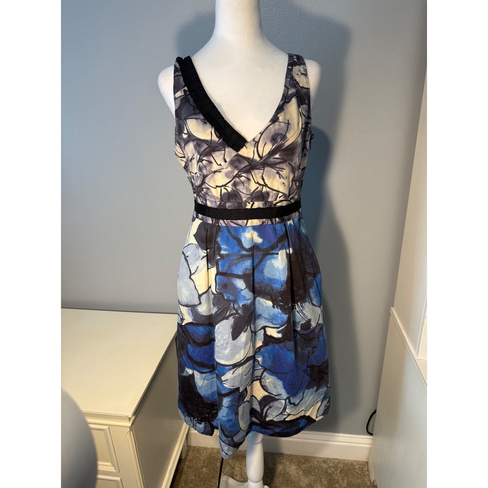 Moulinette Soeurs Anthropologie Blue Floral V-Neck Ribbon Trim Dress Size 6